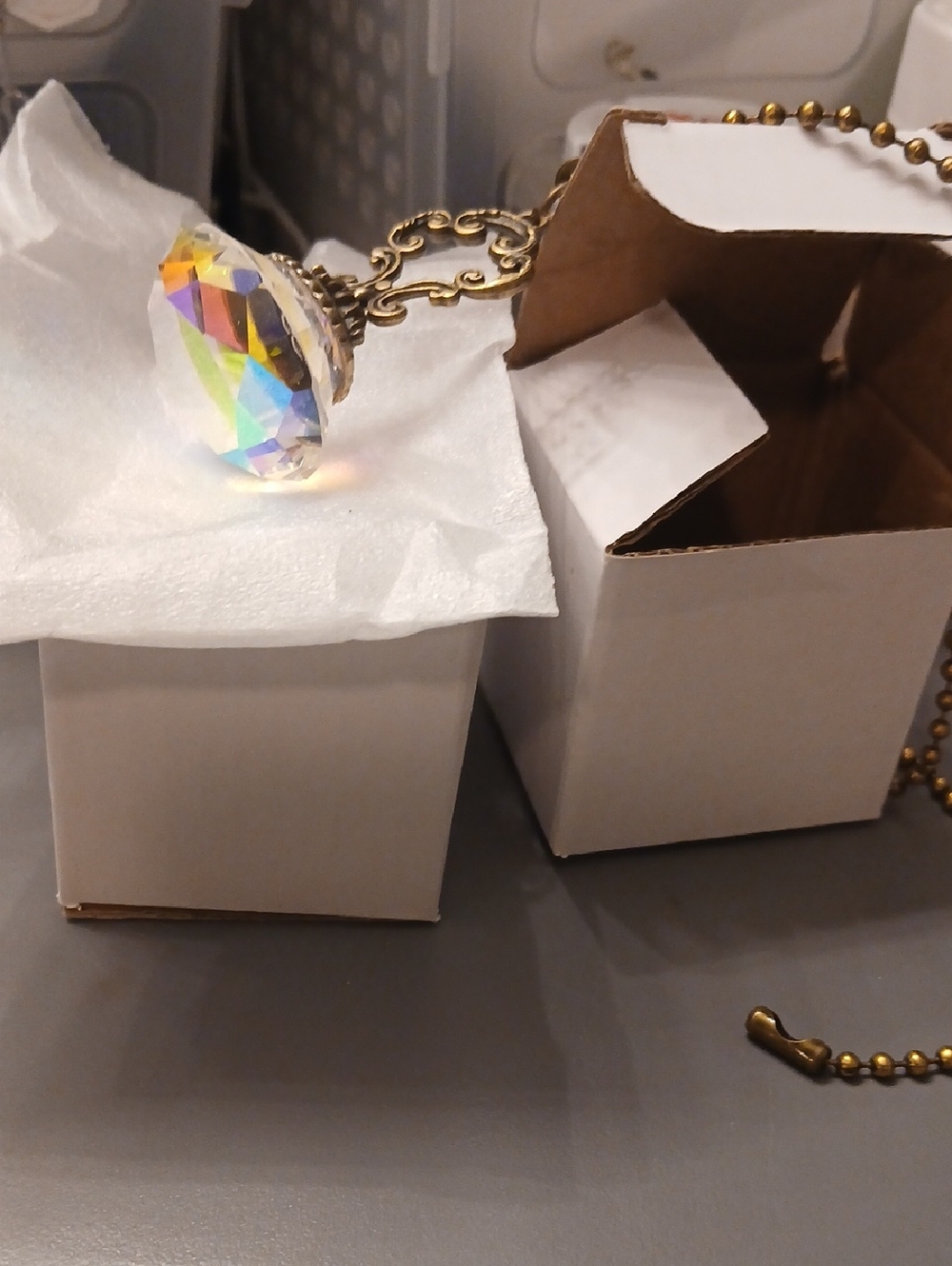 Crystal Prism Fan Pulls Iridescent Gem with Brass Chain NIB